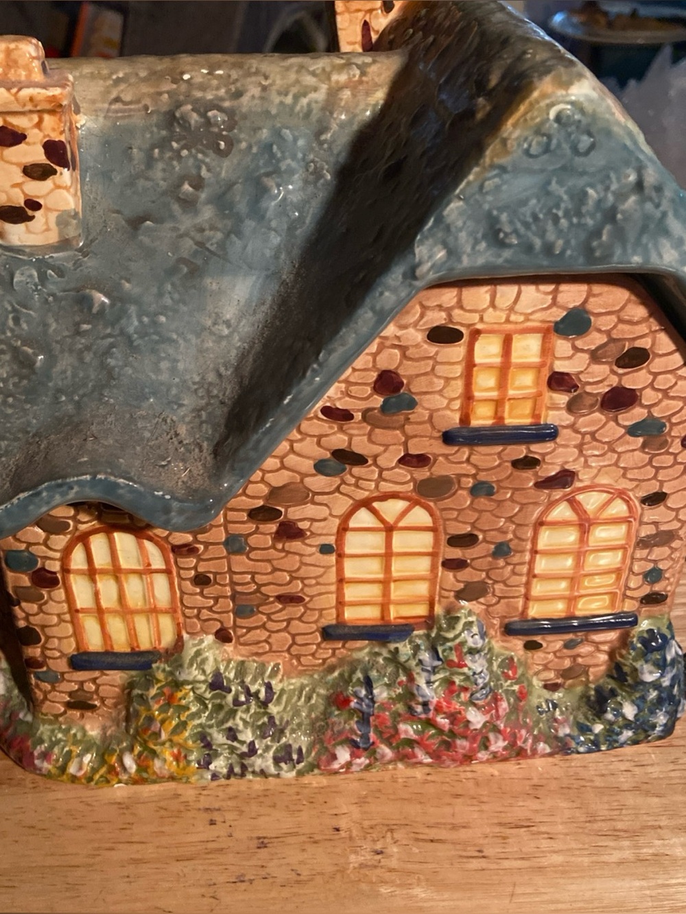 Decorative Ceramic Cottage Figurine in Blue and Tan cookie jar